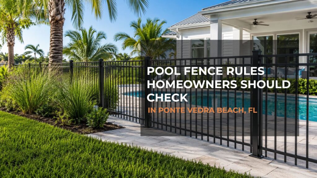 Black aluminum pool fence separating a backyard swimming pool from a residential yard in Ponte Vedra Beach Florida