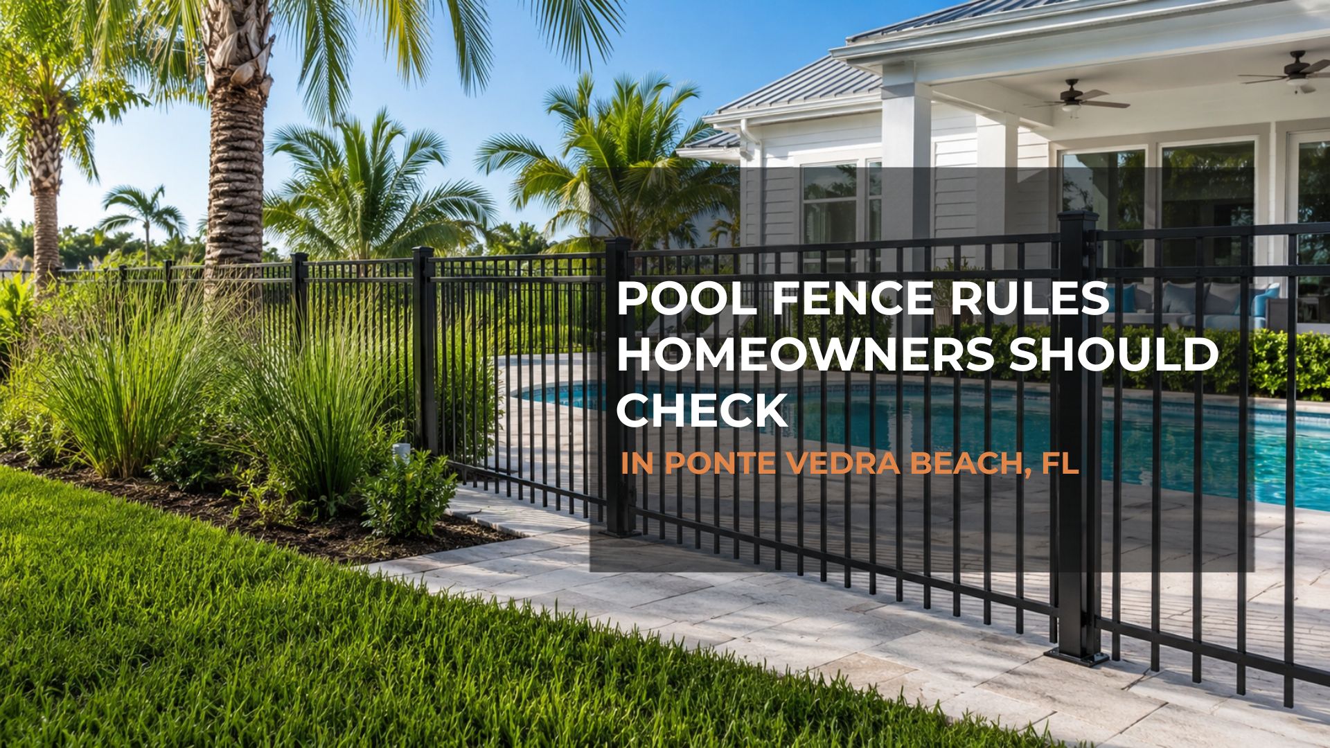 Black aluminum pool fence separating a backyard swimming pool from a residential yard in Ponte Vedra Beach Florida